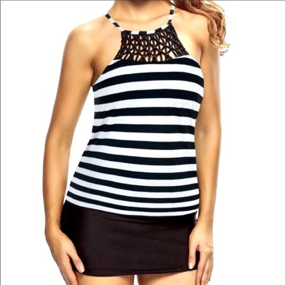 Black & White Stripe High Neck Halter Swim Tankini Top - Picture 1 of 3